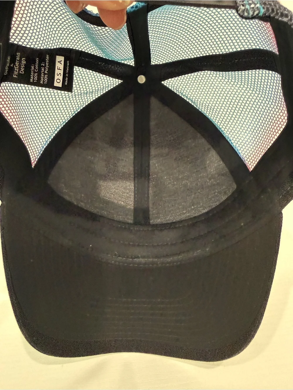 Black Trucker Hat with Mountain & Trees Embroidery and Colorful Mesh; worn 1x.